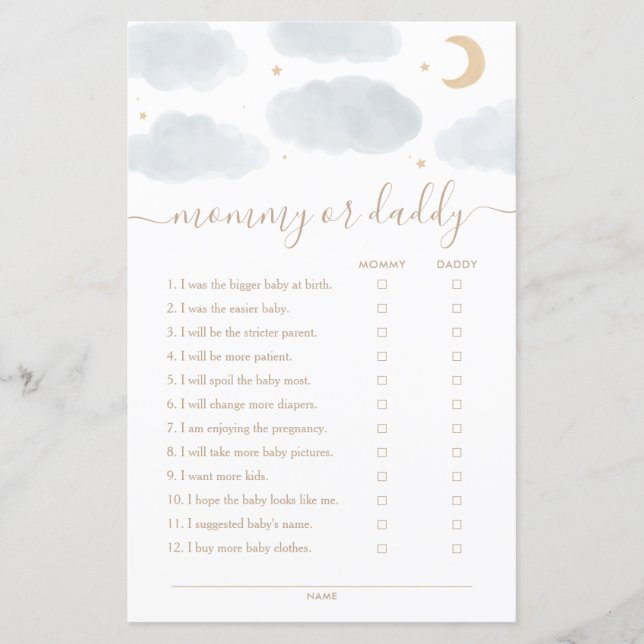 Över månen Mamma eller Pappa Baby Shower Spel (Framsida)