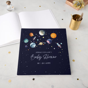 Över månen pojke baby shower firande rymd galax gästböcker