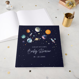 Över månen pojke baby shower firande rymd galax gästböcker