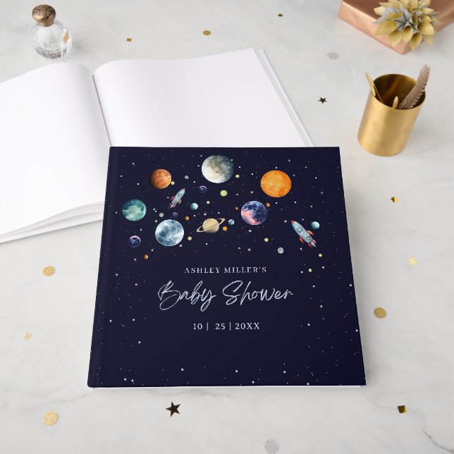 Över månen pojke baby shower firande rymd galax gästböcker (Framsidan öppen)