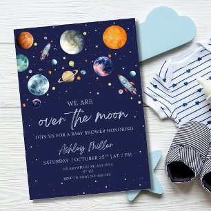 Över månen pojke baby shower inbjudan, yttre rymde inbjudan