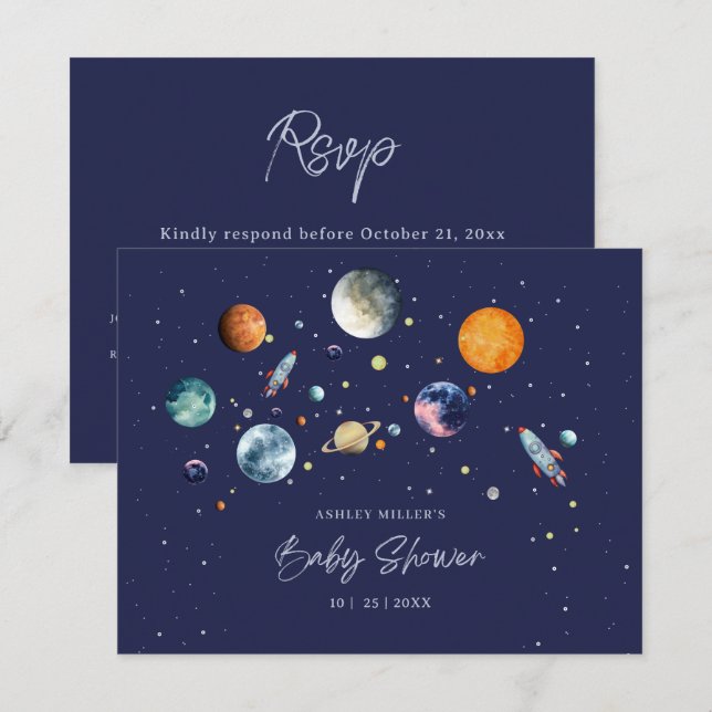 Över Månen Pojke Babyshower Fest Space Galax OSA Kort (Fram/baksida)