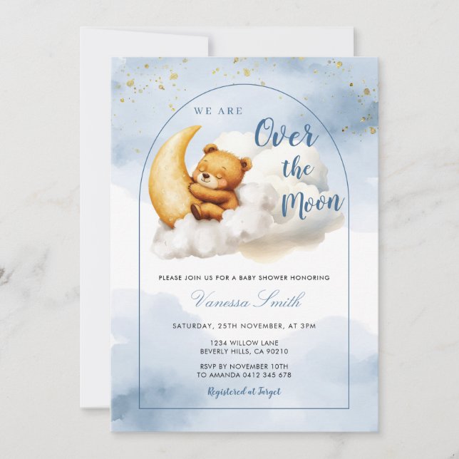 Över månen pojke flicka baby shower inbjudan (Framsida)
