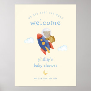 Över Månen Raket Björn Pojke Baby Shower Välkommen Poster
