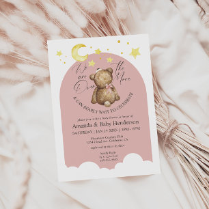 Över Månen Rosa Flicka Teddybjörn Baby Shower Inbjudningar