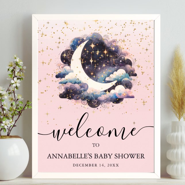 Över Månen Rosa Flicktema Babyshower Välkomstskylt Poster (Over The Moon Pink Girl Baby Shower Welcome Sign)