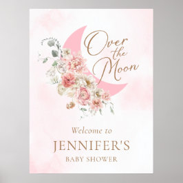 Över månen rosa välkomstaffisch för baby shower poster