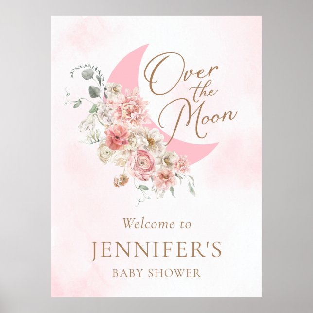 Över månen rosa välkomstaffisch för baby shower poster (Framsidan)