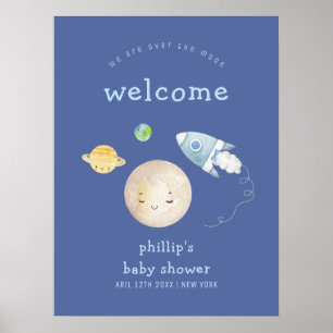 Över Månen Rymdskepp Pojke Baby Shower Välkommen Poster