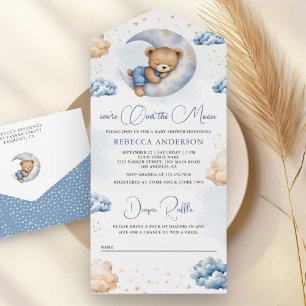 Över månen sovande teddybjörn blå baby shower