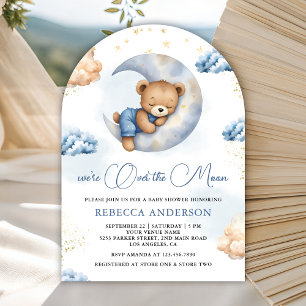 Över månen sovande teddybjörn blå baby shower inbjudningar