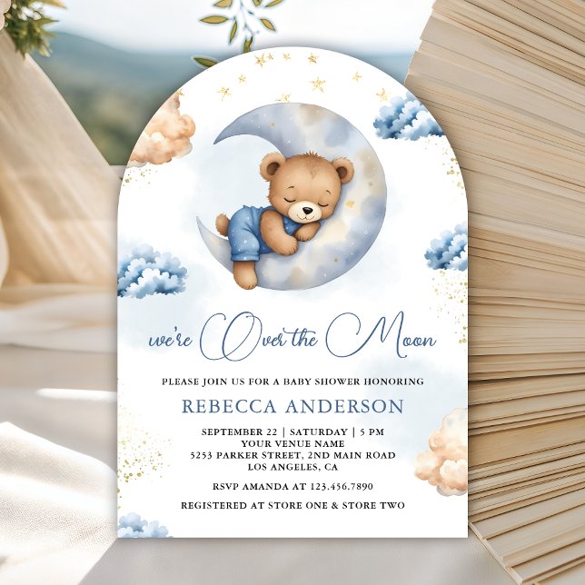 Över månen sovande teddybjörn blå baby shower inbjudningar (Skapare uppladdad)