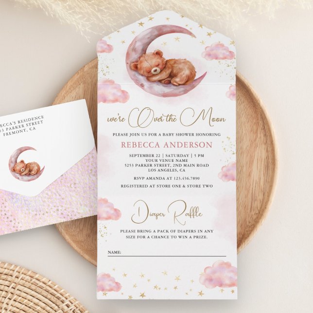 Över månen sovande teddybjörn rosa baby shower (Skapare uppladdad)
