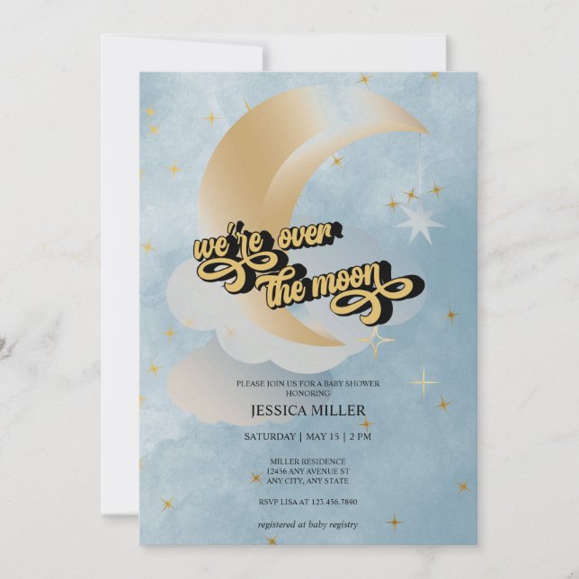 Över månen | Stjärn baby shower inbjudan (Framsida)