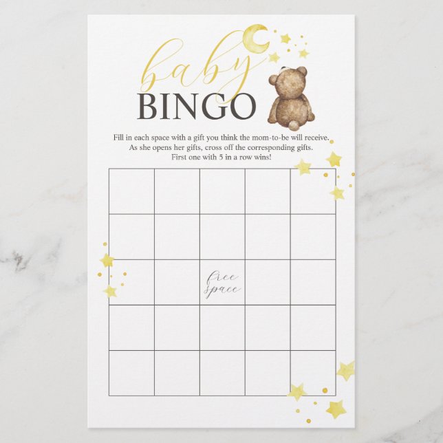 Över Månen Teddybjörn BINGO Baby Shower-spel Flygblad (Framsidan)