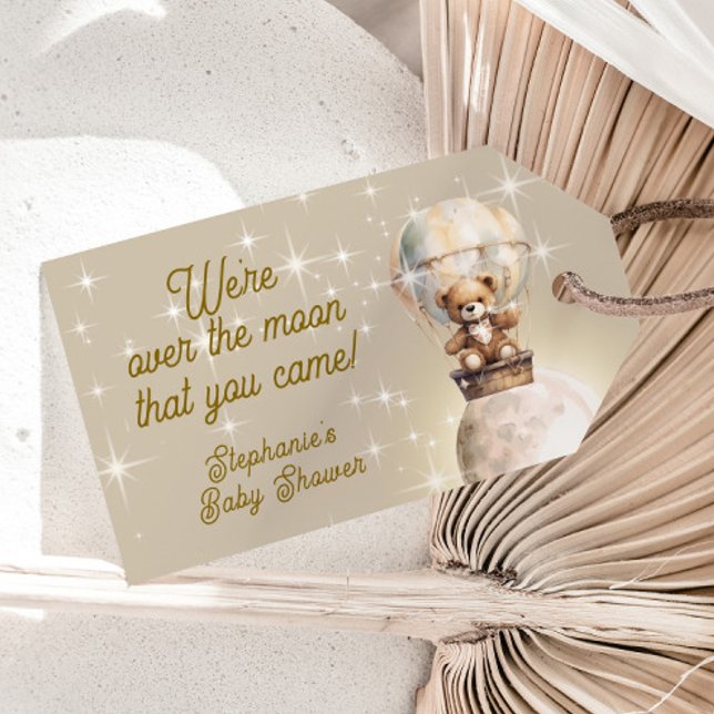 Över månen Teddybjörn Celestiala baby shower Presentetikett (Over the moon teddy bear and moon baby shower gift tag)