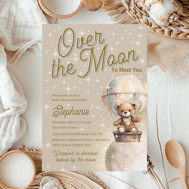 Över månen Teddybjörn Könsneutrala Bebis Shower Inbjudningar (Cute teddy bear and hot air balloon Over the Moon baby shower invitation)