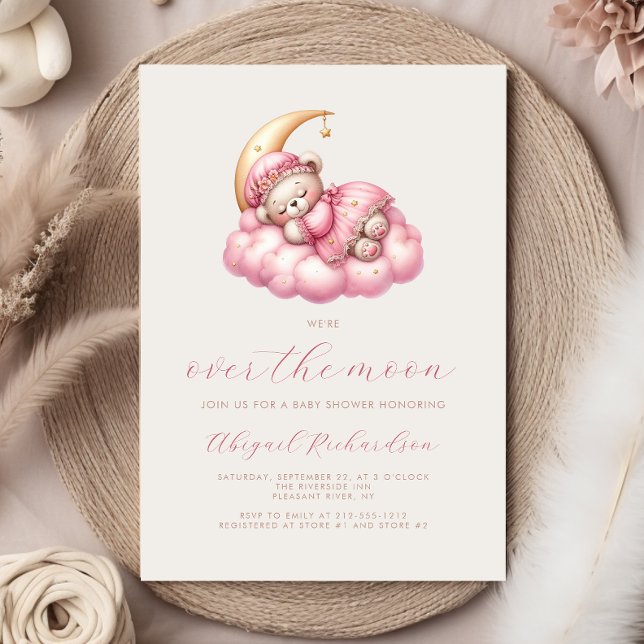 Över månen Teddybjörn Rosa Flickor Bebis Shower Inbjudningar (Skapare uppladdad)