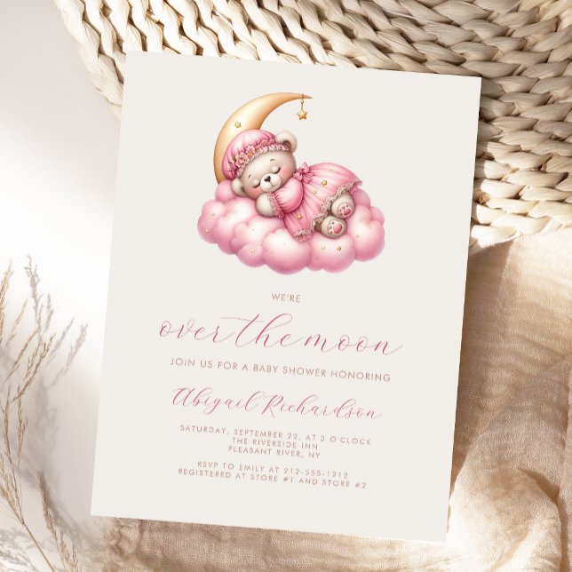 Över månen Teddybjörn Rosa Flickor Bebis Shower Vykort (Skapare uppladdad)
