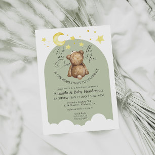 Över Månen Teddybjörn Sagegrön Bebis Shower Inbjudningar