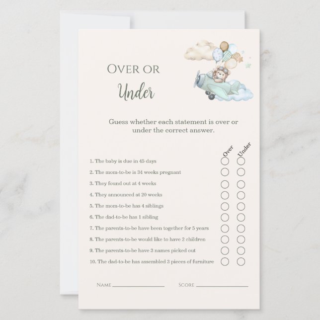 Over or Under Baby Shower Game Bearly Wait Boy  (Framsida)