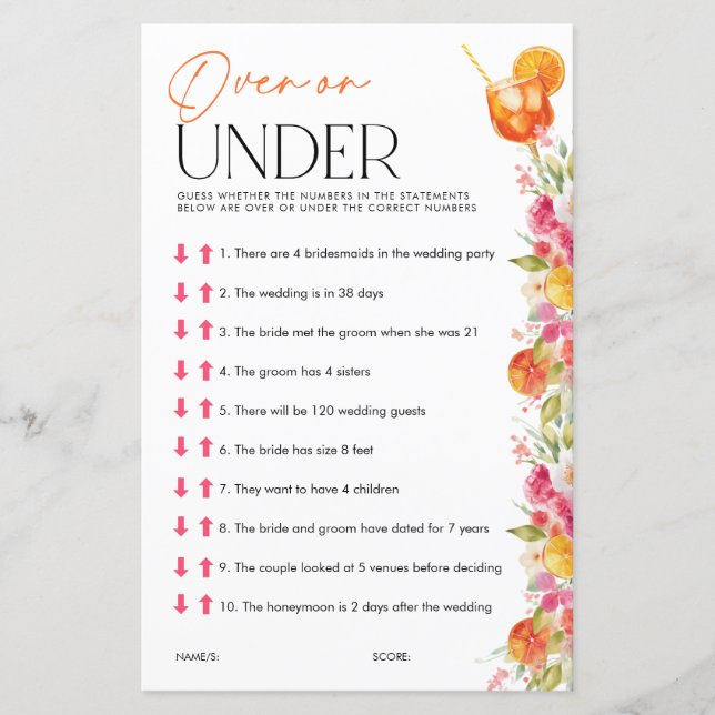 Over or Under Spritz Bridal Shower Games (Framsida)