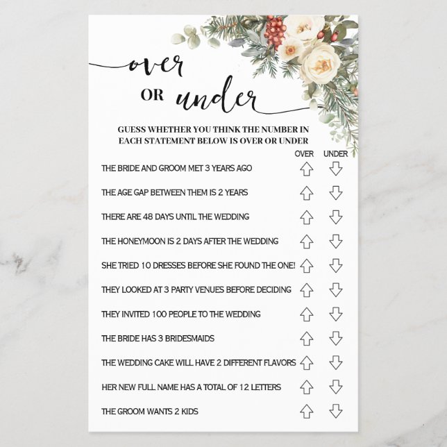 Over or Under Winter Bridal Shower Game Card Flygblad (Framsidan)