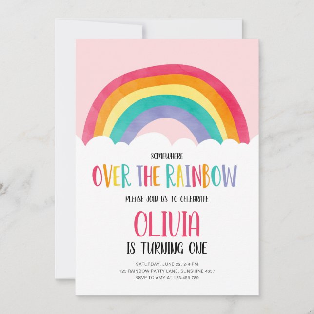 Över Rainbow Rosa Girl Birthday-inbjudan Inbjudningar (Framsida)