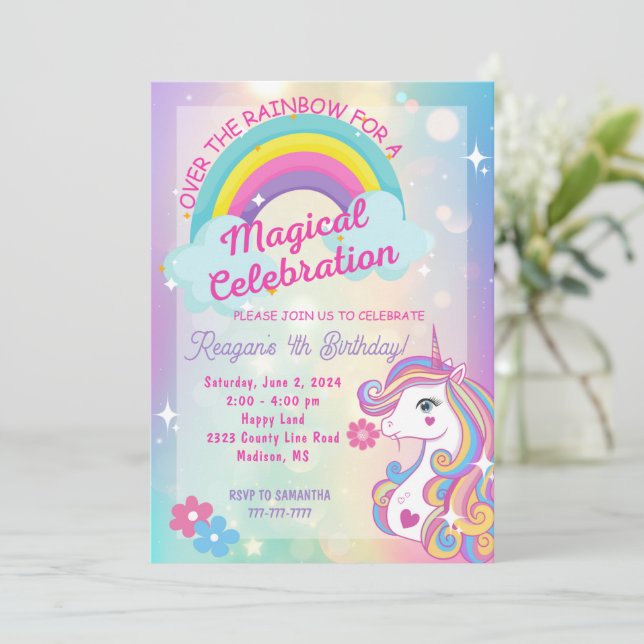 Över Rainbow Unicorn Birthday bjudande Inbjudningar (Stående Fram)