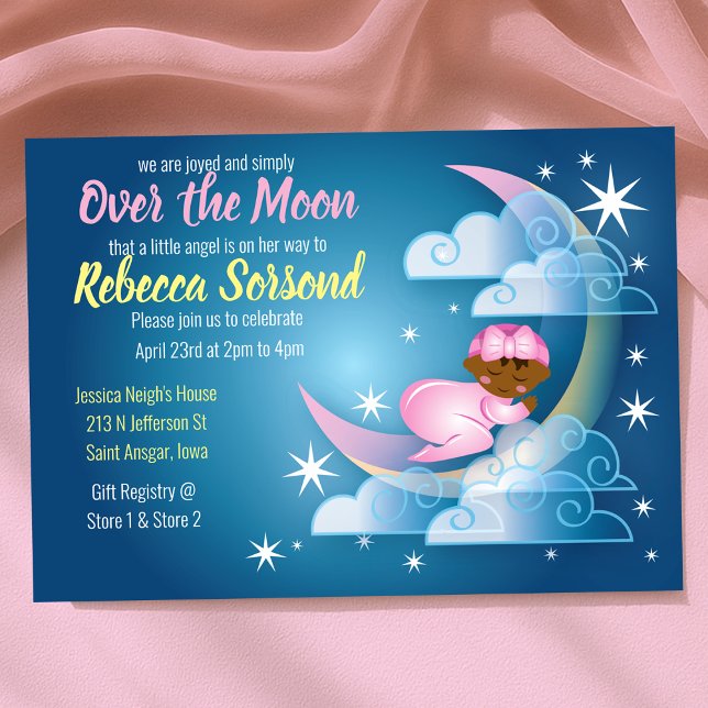 Över skuffen i Måne Flicka, kröd på halvmåne Inbjudningar (Over the Moon Baby Girl Shower Cradled on Crescent Invitation
)