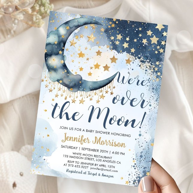 Over The Moon Baby Shower Boy Blue Twinkle Stars Inbjudningar (Skapare uppladdad)