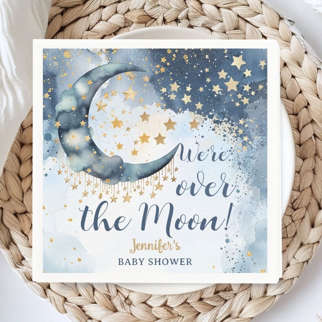 Over The Moon Baby Shower Boy Blue Twinkle Stars Pappersservett (Skapare uppladdad)