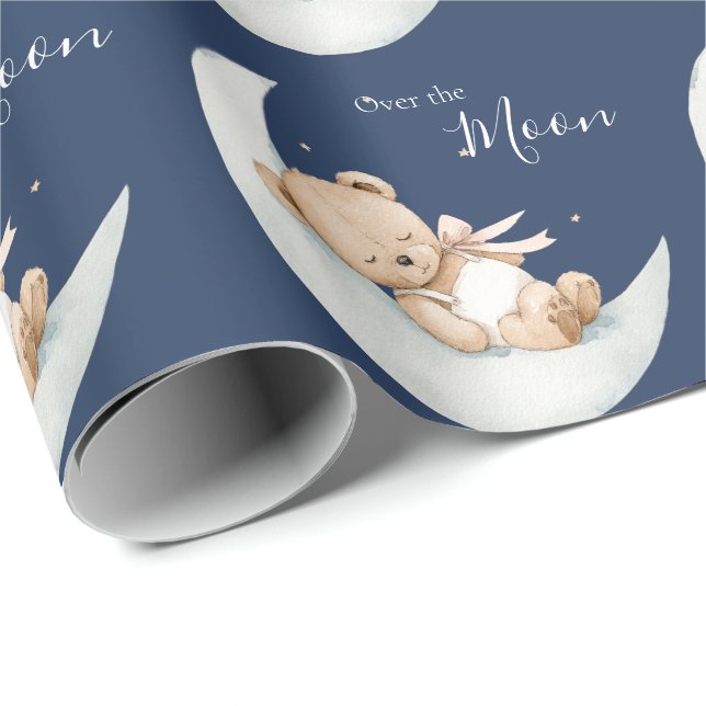Over the Moon Bear Blue Baby Shower Presentpapper (Rullad Hörn)