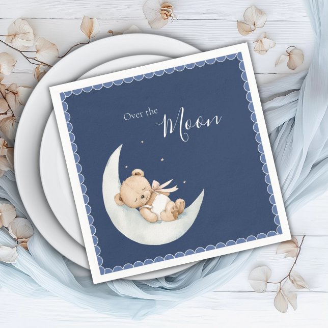 Over the Moon Bear Navy Blue Baby Shower Pappersservett (Skapare uppladdad)
