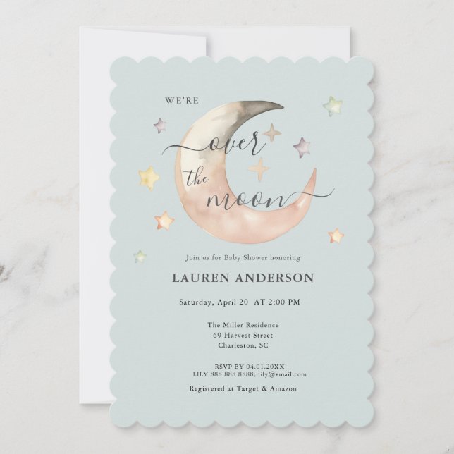 Over The Moon Boho Celestial Blue Baby shower Inbjudningar (Framsida)