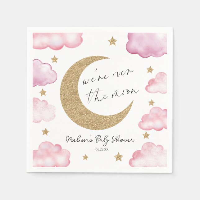 Over The Moon Celestial Pink Clouds Baby Shower Pappersservett (Framsidan)