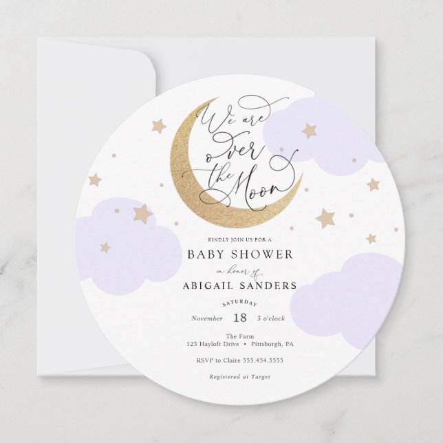 Over the Moon Purple Baby Shower Invitation Inbjudningar (Framsida)