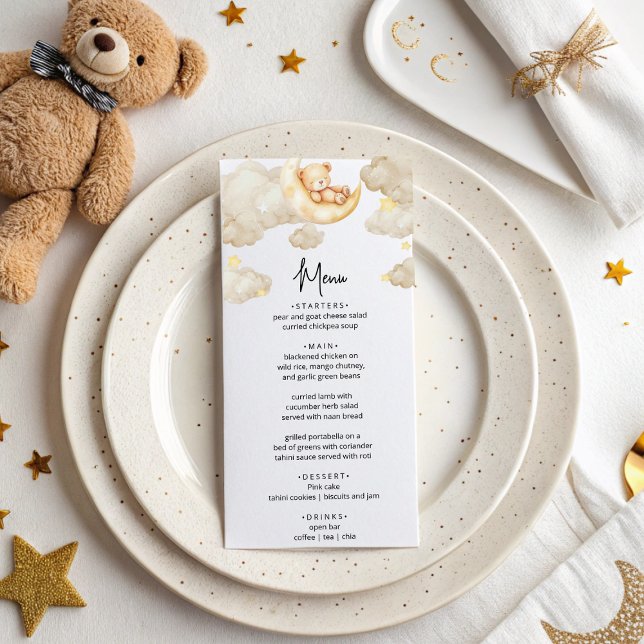 Over The Moon Teddy Bear Baby Shower Menu Card Meny (Skapare uppladdad)