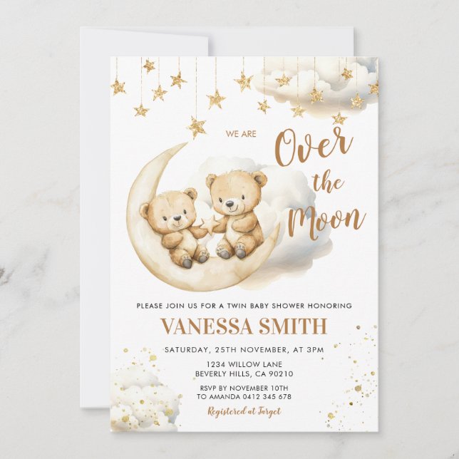 Over The Moon Twin Baby Shower Invitation Inbjudningar (Framsida)