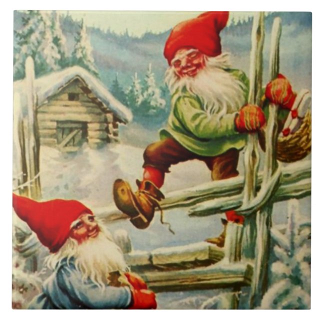 "Över trästängslet" Gnomes av Jenny Nystrom Kakelplatta (Framsidan)