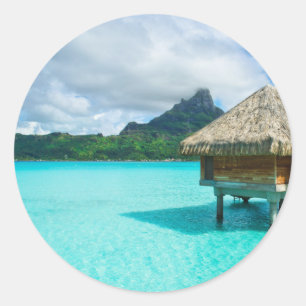 Över-vatten bungalow, Bora Bora rundaklistermärk Runt Klistermärke