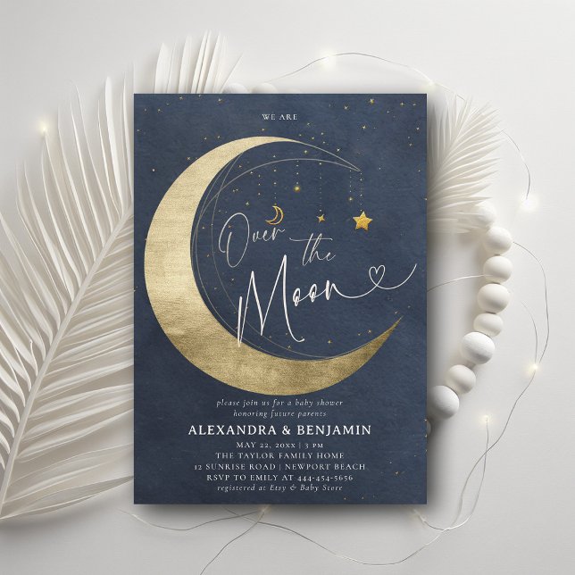 Över vattenfärgssken Pojke i Måne i Guld Inbjudningar (over the moon baby shower invitation moon stars watercolor cute coed elegant neutral blue)
