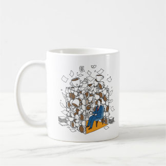 Överarbetad kontorsarbetare som drunknar i kaffeko kaffemugg