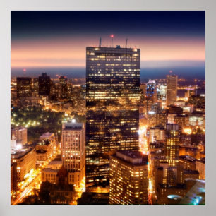 Överblick av Boston på natten Poster