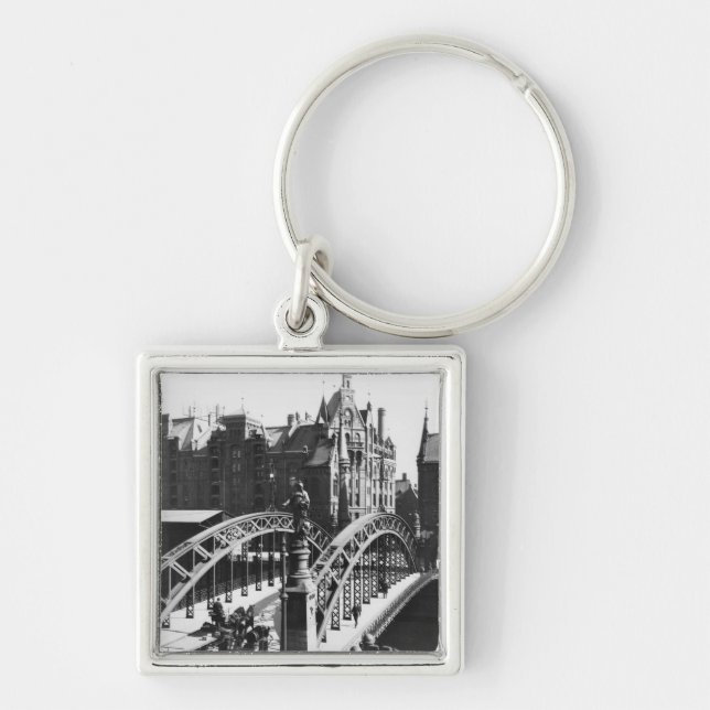 Överbrygga i Speicherstadten Hamburg, c.1910 Fyrkantig Silverfärgad Nyckelring (Framsidan)