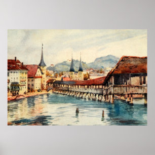 Överbryggar det antika Schweitz Lucerne för Poster
