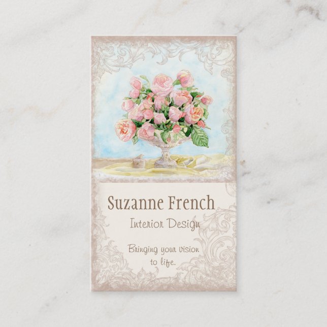 Överdådiga franska ro för rosa antik visitkort (Framsida)