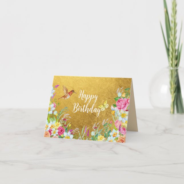 Överflöd Guld Blommig Kolibri Tack Kort (Framsida)