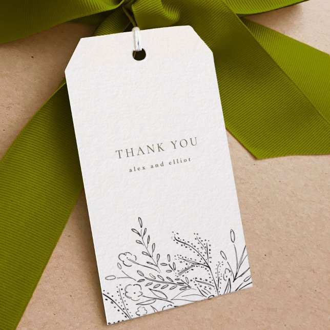 Överflödande bukett tack presentetikett (Hand-drawn overflowing bouquet wedding thank you gift tag.)
