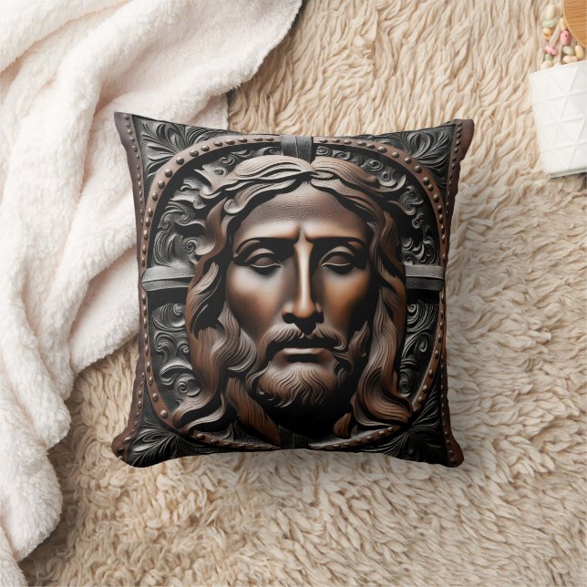 Överfört Porträtt från Jesus med ornitad bakgrund Kudde (Filt)